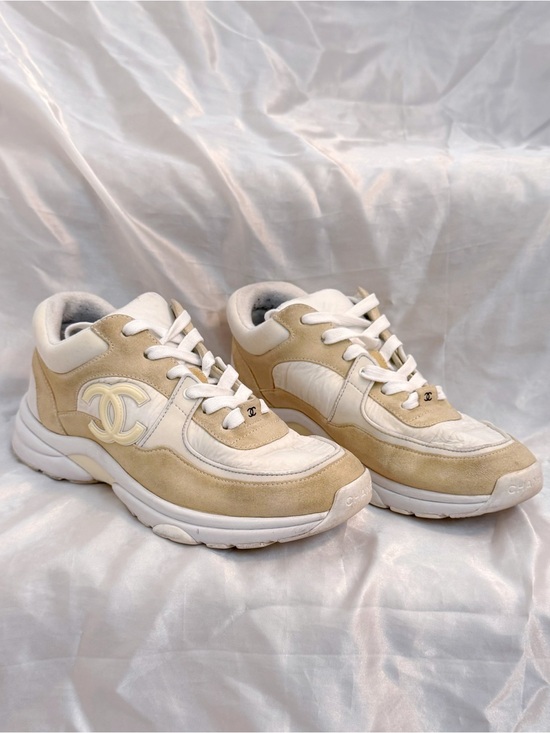 CHANEL Shoes - Chanel Beige & White Suede Leather Sneakers